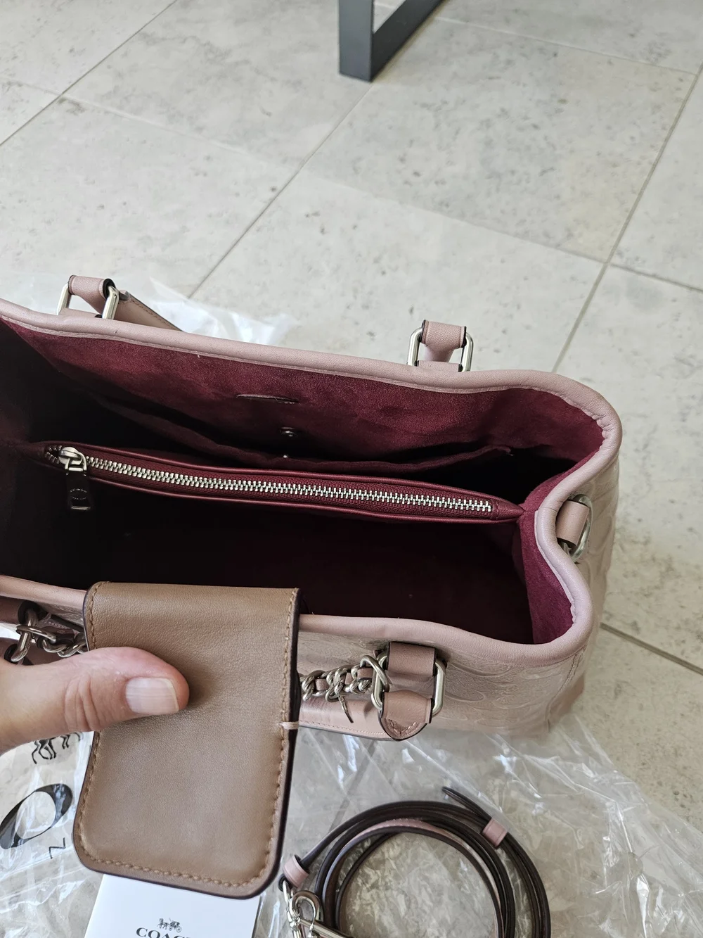 COACH Signature Debossed Patent LEATHER Margot Carryall​ - Blush Pink/Dark Nude